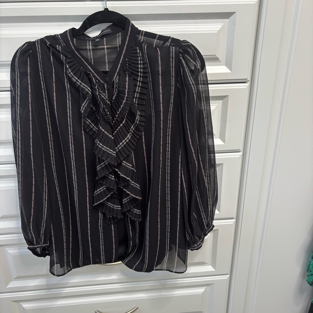 White House Black Market Sheer Black Blouse with White Stripes